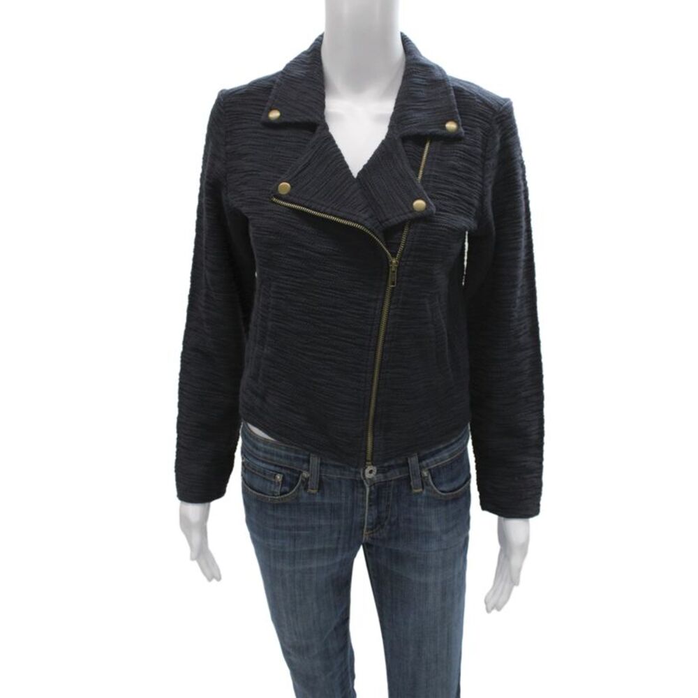Lilla P Women Biker Motorcycle Jacket Black Cotton Collared Button Size S